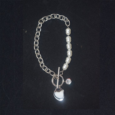 PULSERA PLATEADA ACERO INOXIDABLE CON PERLAS DIJE CORAZON Y ZIRCONIA
