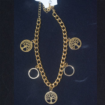 PULSERA DORADA ACERO INOXIDABLE 23CM DIJE CIRCULOS Y ARBOL DE LA VIDA