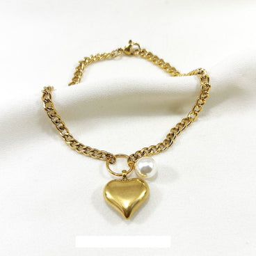 PULSERA DORADA ACERO INOXIDABLE ESLABONES CUBANA 20CM DIJE CORAZON