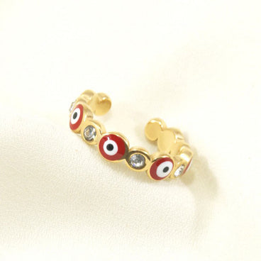 ANILLO DORADO ACERO INOXIDABLE OJO TURCO ROJO CON ZIRCONIAS