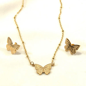 JUEGO DORADO ACERO INOXIDABLE 45CM DIJE MARIPOSA GRABADA