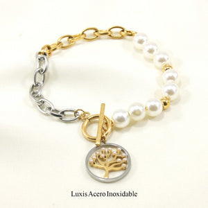 PULSERA COMBINADA ACERO INOXIDABLE 23CM PERLAS DIJE ARBOL DE LA VIDA