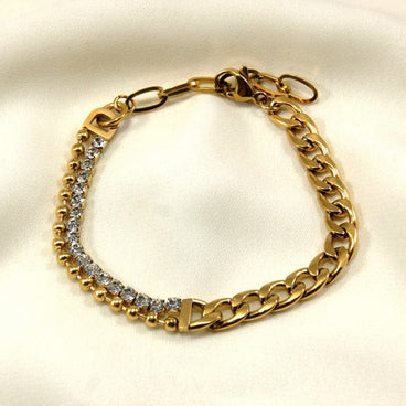 PULSERA DORADA ACERO INOXIDABLE MIIXTA CUBANA BOLITAS Y ZIRCONIAS 21CM