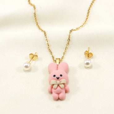 JUEGO DORADO ACERO INOXIDABLE COLLAR DIJE CONEJITO ROSA