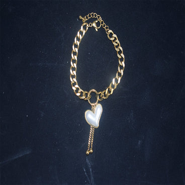 PULSERA DORADA ACERO INOXIDABLE ESLABONES 20CM DIJE CORAZÓN PERLA 20MM