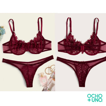 CONJUNTO DE LENCERÍA CON ARO DE MALLA FINA Y ENCAJE